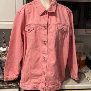 T Quaker Factory solid pink diamond buttons plus size denim jacket 3X